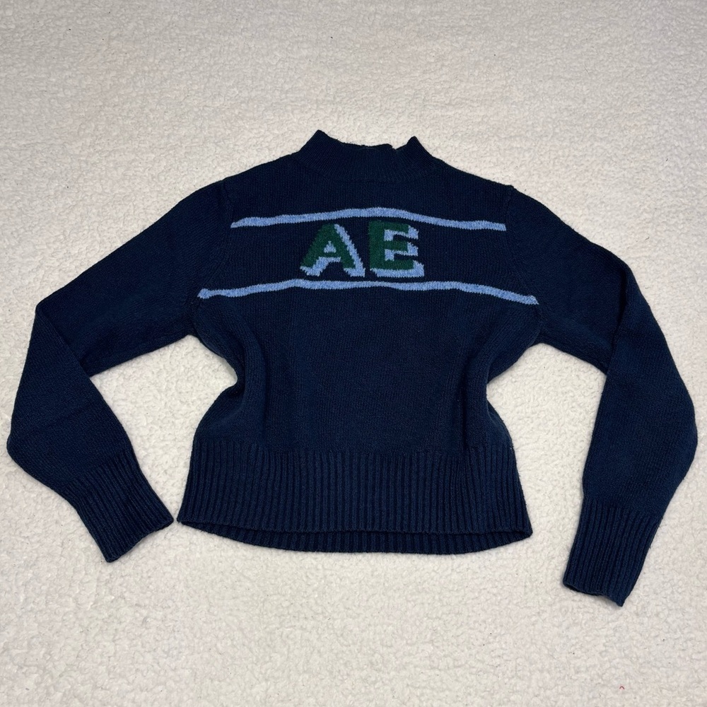 American Eagle Women Blue Logo Knit Mock Neck Sweater